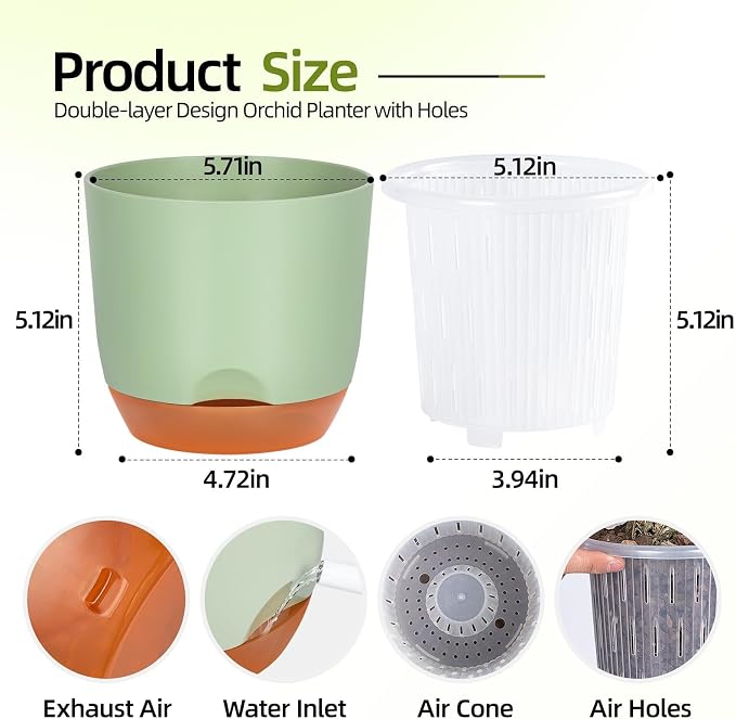 QCQHDU 5.7Inch Orchid Pots with Holes for Repotting, Double-Layer Plastic Self Watering Flower Pots for Indoor Plants with Drainage Holes, Clear Orchid Pot Match Decorative Orchid Container, 1 Pack