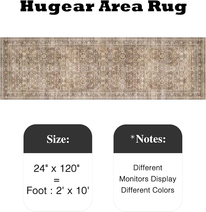 2x10 Brown Vintage Distressed Washable Runner Rug for Hallway | Low Pile, Non Slip, Retro Style, Soft Distressed Long Hallway Runner for Kitchen, Entryway, Laundry, Bedroom, Home Decor