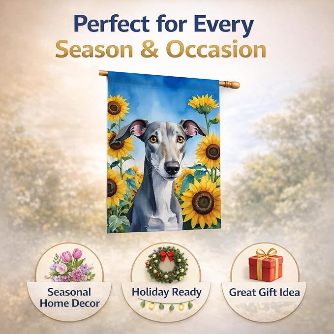 Caroline's Treasures DAC6096CHF Greyhound in Sunflowers House Flag Large Porch Sleeve Pole Decorative Outside Yard Banner Artwork Wall Hanging, Polyester, House Size, Multicolor