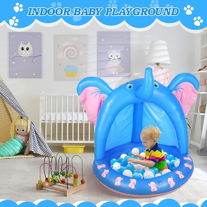 47 Inches Baby Pool with Canopy Elephant Inflatable Baby Swimming Pool with Soft Floor Bottom and Built in Sunshade Water Sprinkler for Kids Outdoor Indoor Game Play Center