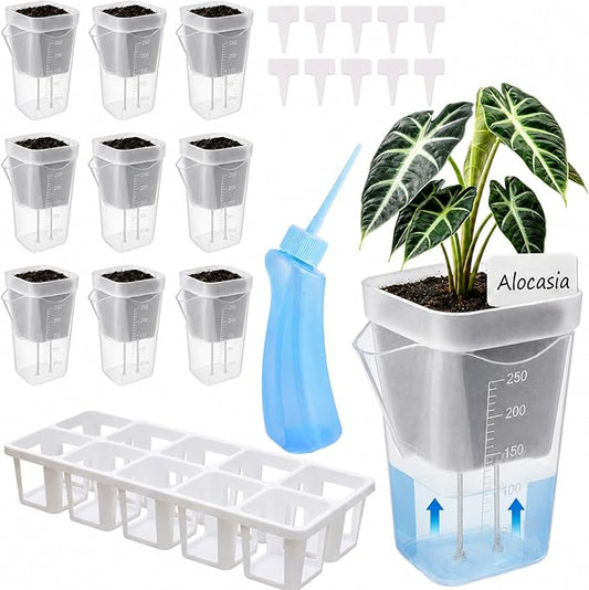 10 Pack 2.5" Self Watering Pots for Indoor Plants with Anti-Tip Tray & Reservoir Refill Bottle, Seed Starter Kit for Seedlings, Cuttings, Succulents, Herbs, 10 Plant Labels (Transparent)
