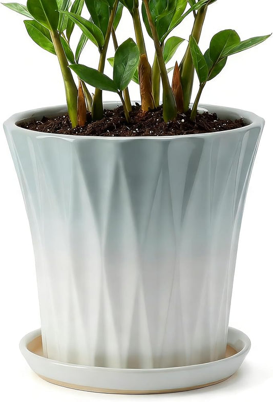 10 Inch Ceramic pots for Plants with Saucer Drainage Leak-Proof Mesh, Round Plant Pot with Gardening Gloves for Indoor Outdoor Plants (Rippled Grey)