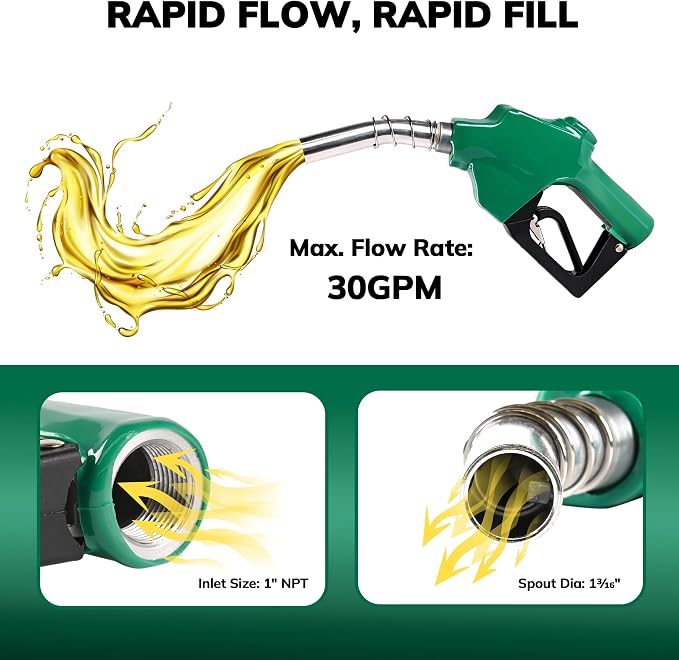 1" NPT Automatic Fuel Nozzle with Hose Swivel, Auto Shut-Off Gas Pump Nozzle, Max 30 GPM Flow, 3-Speed Padlock, 1-3/16” Spout, for Diesel, Gasoline, Kerosene, Biodiesel (Green)