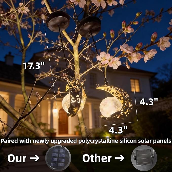 Solar Moon Lanterns Outdoor Waterproof Decor, 2Pack Hanging Decorative Garden Lights, Outside Furniture Accessories Wall Tree Patio LED Ornaments , Mother's Day Fairy Gifts for Women Mom