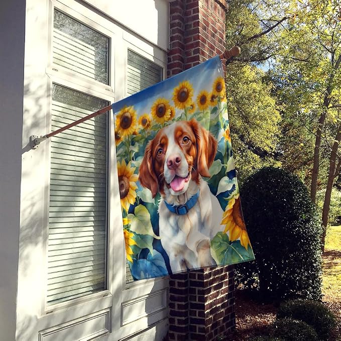 Caroline's Treasures DAC6040CHF Brittany Spaniel in Sunflowers House Flag Large Porch Sleeve Pole Decorative Outside Yard Banner Artwork Wall Hanging, Polyester, House Size, Multicolor