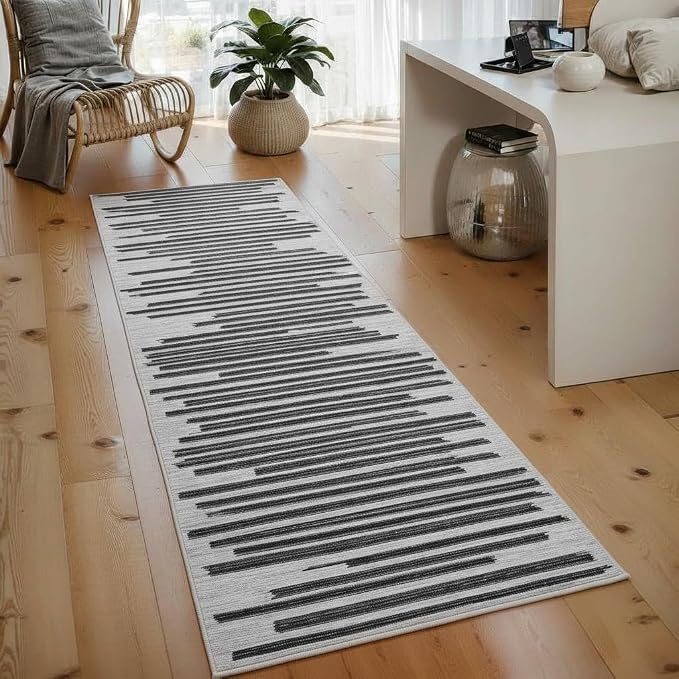GarveeHome Black Grey 2x6 Runner Rug for Hallway Modern Striped Indoor Carpet