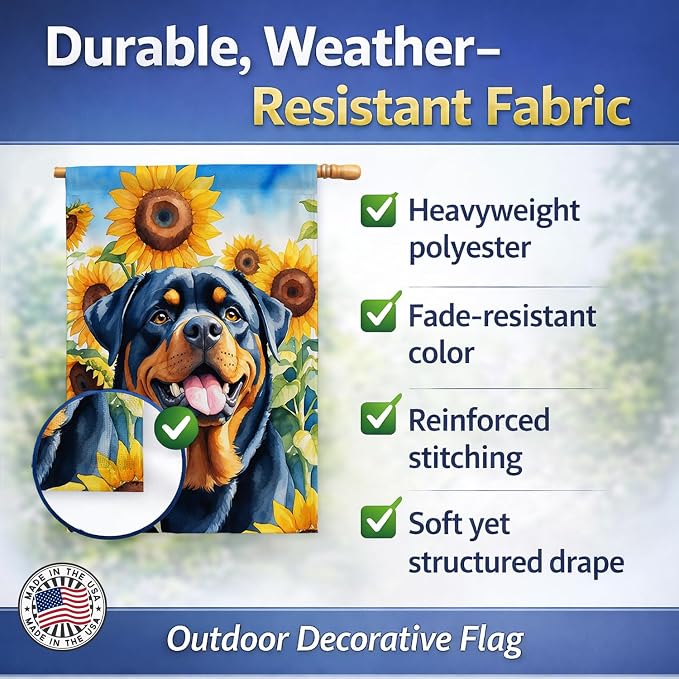 Caroline's Treasures DAC6150CHF Rottweiler in Sunflowers House Flag Large Porch Sleeve Pole Decorative Outside Yard Banner Artwork Wall Hanging, Polyester, House Size, Multicolor