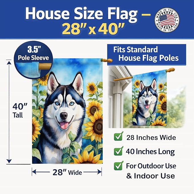 Caroline's Treasures DAC6164CHF Siberian Husky in Sunflowers House Flag Large Porch Sleeve Pole Decorative Outside Yard Banner Artwork Wall Hanging, Polyester, House Size, Multicolor