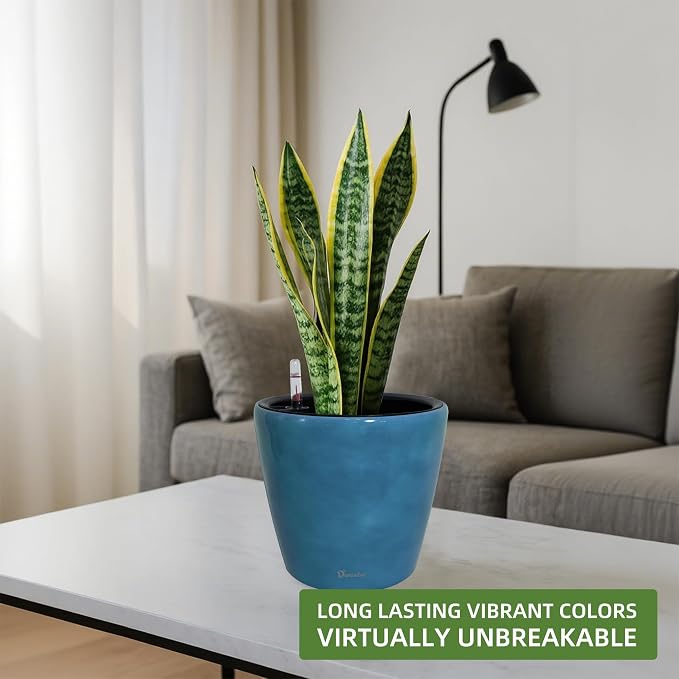 Dexceder 9x8 Self Watering Planter (Peacock Blue Gradient) | Inner Pot Design, Thickened Table Flower Plant Pot with Water Level Indicator Indoor Outdoor