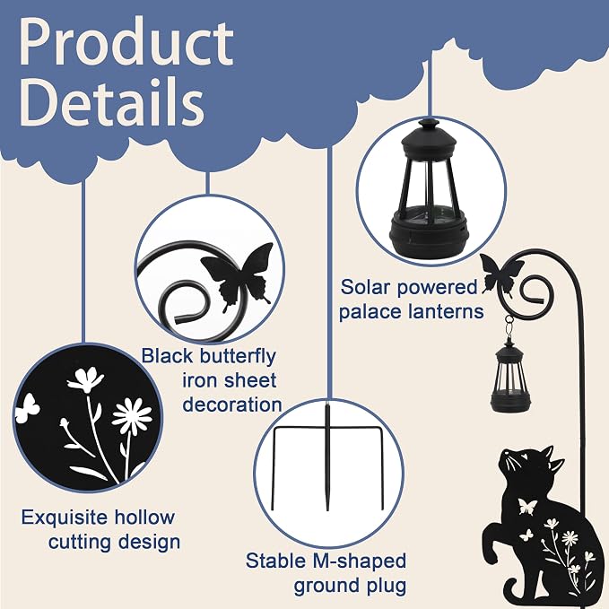 Solar Cat Lantern Garden Stakes - Outdoor Decorative Solar Lights for Yard, Patio, Pathway - Weatherproof Metal Cat Stake with Auto Night Lighting