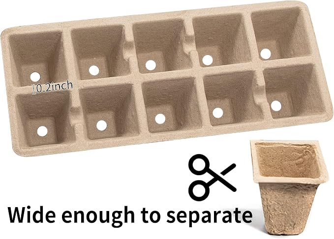 Seed Starter Tray 100 Cells, Biodegradable Peat Pots for Seedlings, 10 Pack 1.8" Square Pulp Nursery Cups with 100 Plant Labels and 2 Transplant Tools for Vegetable Herb