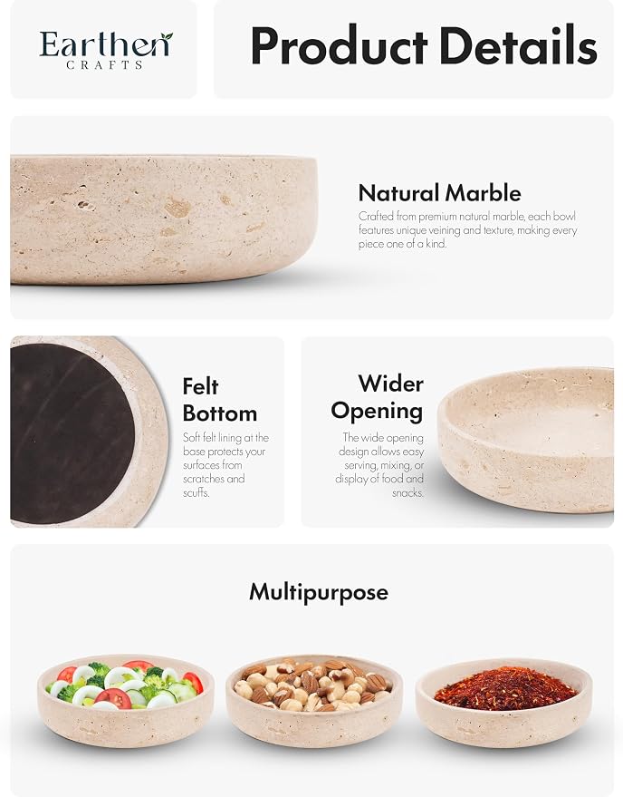 Marble Decorative Bowl 8" Inches Travertine Key Bowl for Entryway Natural Stone Fruit Bowl For Kitchen Counter, Serving Bowl For Coffee Table, Modern Home Centerpiece Decor