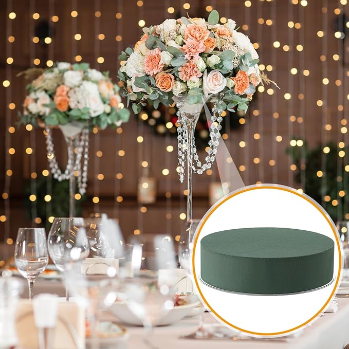 Threlaco 12 Sets Round Floral Foam and Clear Plastic Saucer Plant Drip Tray Floral Flower Dish Green Foam for Artificial Flowers Wedding Home Party Decoration (7 Inches)