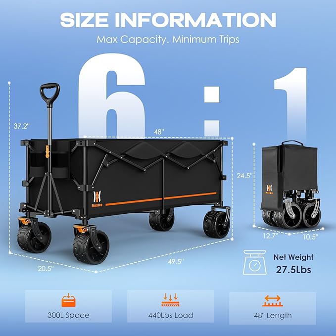 Navatiee 48" L Collapsible Extended Wagon, 440Lbs Heavy Duty Wagons Carts Foldable, 300L Extra Large Beach Wagon with Big All-Terrain Wheels for Sand, Folding Utility Garden Cart for Outdoor, Black