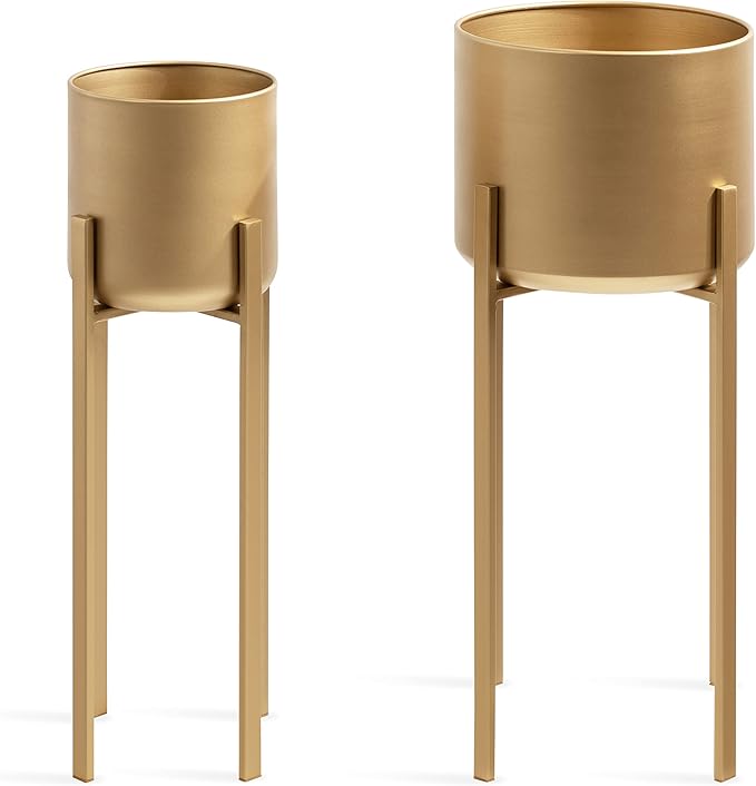 Kate and Laurel Gabi Decorative Glam Metal Planters; Set of 2; Satin Gold; Modern Metallic Indoor Planter Set for Display and Decoration for Use as Living Room Planters or Porch Plant Stands