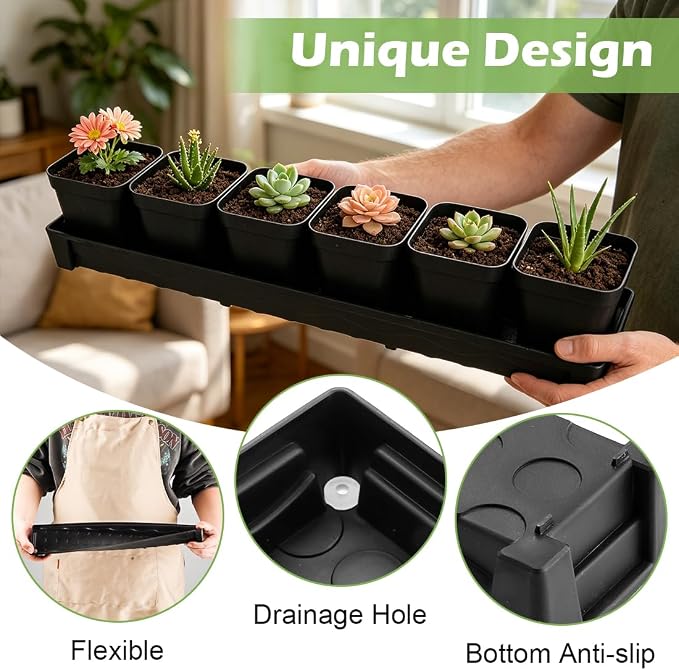 RooTrimmer 10 Pack Plastic Windowsill Saucer with 2.8 inch (7CM) Square Nursery Pots 60pcs, Rectangular Window Sill Plant Pot Trays with Removable Drainage Hole, Thick Plant Saucer Tray (Black)