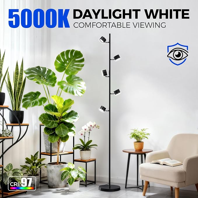 Barrina T1X5 Floor Grow Lights for Indoor Plants, 50W, 5000K, Full Spectrum, Adjustable 5 Heads, High PPFD, 6FT with Foot Switch, Vertical Plant Lights for Growing, Standing Grow Lights for Tall Plant