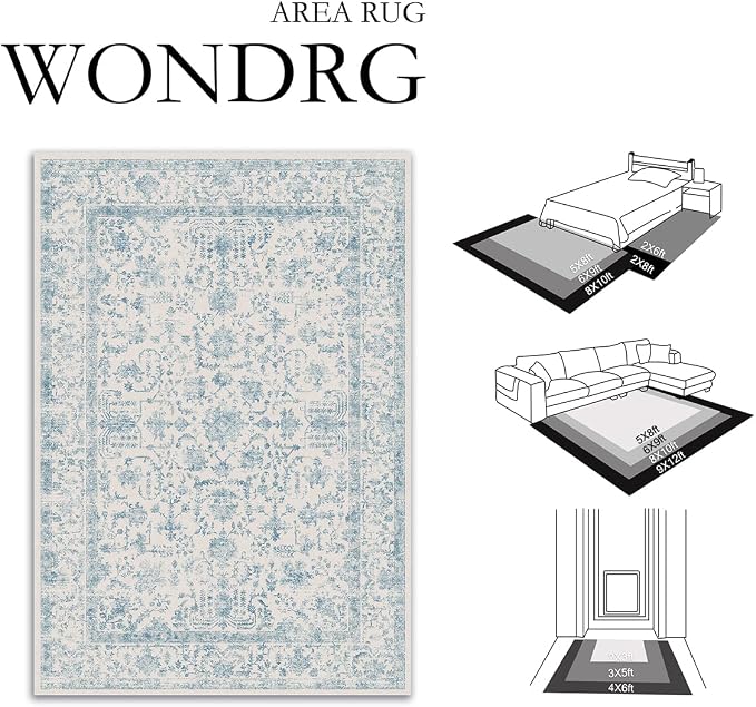 9x12 Blue Neutral Living Room Area Rug | Washable, Low Pile, Accent, Vintage, Soft, Non Slip, Large Carpet for Bedroom Dining Room Nursery Indoor Home Decor