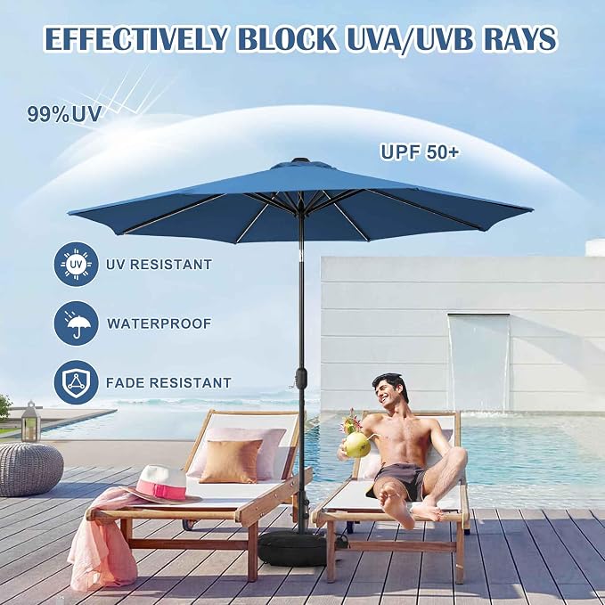 Sundale Outdoor 9FT Patio Umbrella with Sand Bag Umbrella Base, Outdoor Umbrella with Tilt and Crank, Navy