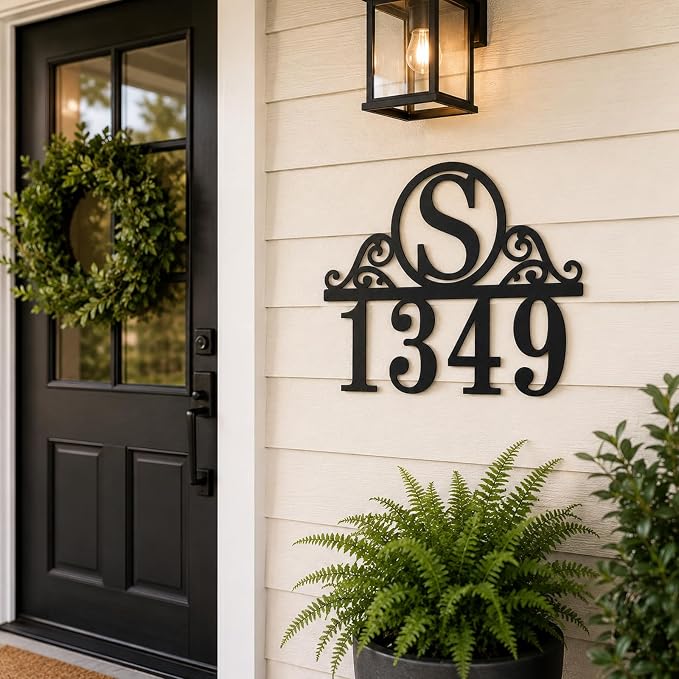 Personalized Metal Address Sign Custom House Number Plaque with Monogram Initial Decorative Scroll Numbers for Outside Front Door Porch Entryway Garden Patio Yard Decor