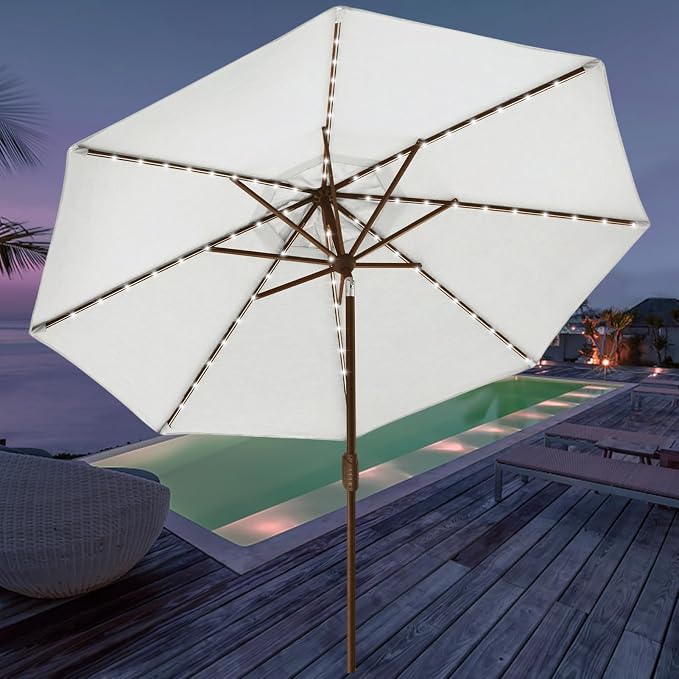 EliteShade USA 10-Year-Non-Fading 9ft Market Patio Umbrella, Commercial Grade Table Sun Umbrella with 80 Solar LED Lights, Crank Open, Windproof & UPF 50+ UV Protection for Garden, Deck, Pool, Backyard, White