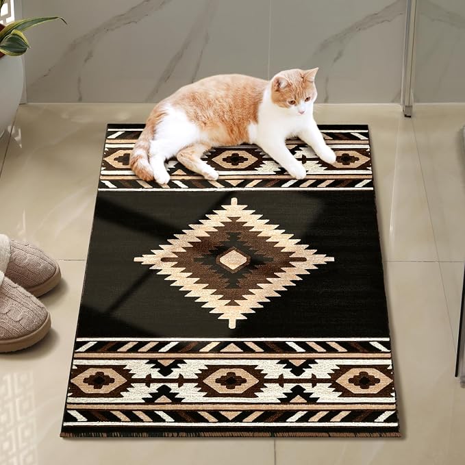 YHSF Southwestern Area Rug - Anti Static & Washable - Black, 2 ft x 3 ft | Soft Native American Tribal Floor Rugs for Living Room, Bedroom, Hallways, and More - Easy-to-Clean Home Decors
