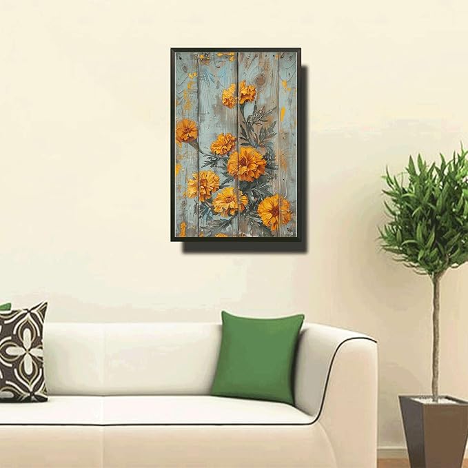 Metal Sign Tin Sign Vintage Wall Art Antique Exuberance Marigolds Tin Sign for Shabby Chic Style Bright Petals Displays and Corrosion Wall Art for Room 6×8 Inches with Metal Frame