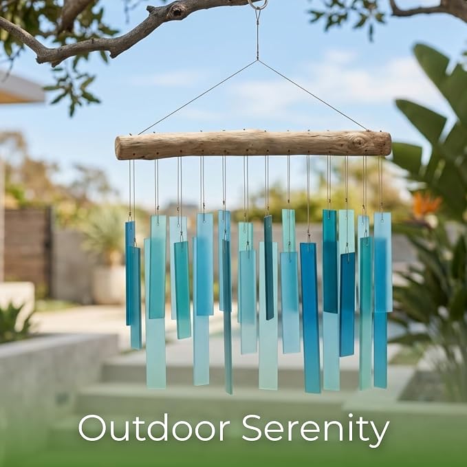 Solange & Frances Glass Wind Chimes for Outside. Handmade Hanging Wind Chimes Coastal Beach Decor, Pool Area Gift Outdoor Decor Gift for Women, Gifts for Mom, Birthday Gifts for Women
