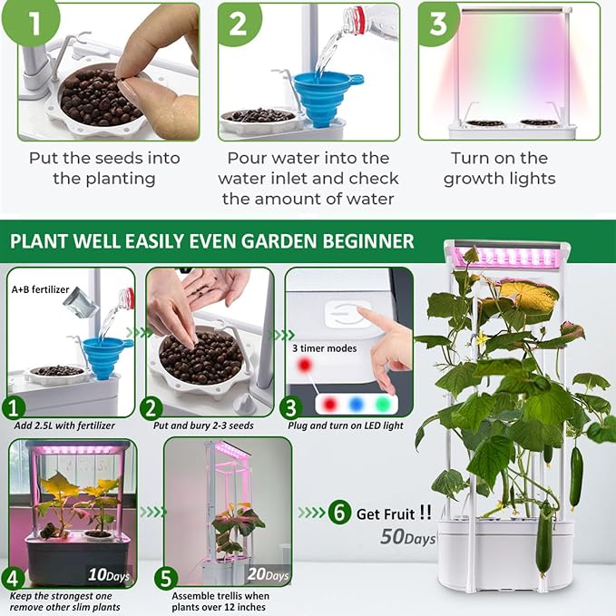 Tall Hydroponics Growing System kit with Height Adjustable Light & Trellis | Hydroponic Indoor Gardening System Tower with High Power Timer LED Grow Light,Herb Garden Grow Kit for Tomato,Pepper,Cucumber