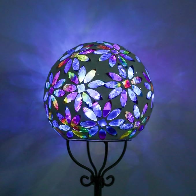 VCUTEKA Decorative Solar Garden Lights, 6" Mosaic Globe Outdoor Stake | Mosaic Glass Design, Solar LED Light, Weather Resistant, Auto On/Off and Metal Stake Design For Lawn and Patio, Multi
