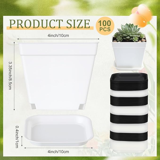 Amyhill 100 Pcs 4 Inch Flower Pots Square Plants Nursery Pot Plastic Plant Seedling Pots Small Nursery Transplanting Planter Container with Saucer for Indoor Succulent Balcony Garden (Black and White)