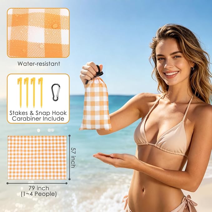 Fammart Pocket Picnic Blanket Sandproof Waterproof, Portable Lightweight Camping Tarp, Quick Dry Foldable Compact Beach Mat with Corner Pockets & Stakes for Festivals Hiking Outdoor Essentials