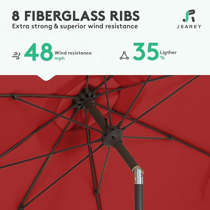 JEAREY 9FT Outdoor Patio Umbrella,Market Table Umbrella with 8 Fiberglass Ribs, Pool Umbrella with Tilt and Crank, UV Protection Lightweight & Wind-Resistant for Lawn, Garden, Deck and Backyard, Red