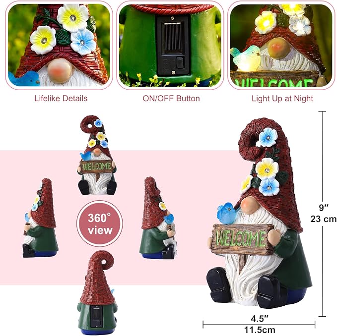 Solar Gnome with Wlecome Decor for Yard Decorations | 10 Inch Gnome Statue Decor for Outdoor,Perfect Garden Gifts for Women,Mom