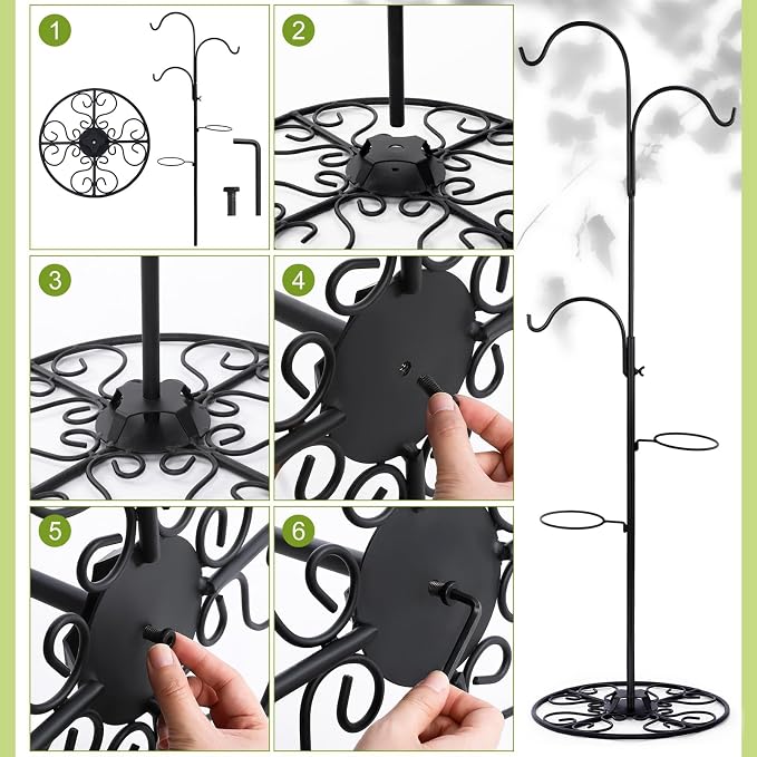 Blulu 34-55 Inch Adjustable Black Iron Shepherd Hook with Base Indoor Outdoor Hanging Plant Stand Wind Chime Stand Bird Feeder Flower Basket for Garden Plants Weddings Event Home Christmas Decor