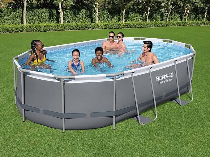 Bestway Power Steel Oval Frame Swimming Pool Set Dark Grey with Filter Pump and Accessories 488 x 305 x 107 cm