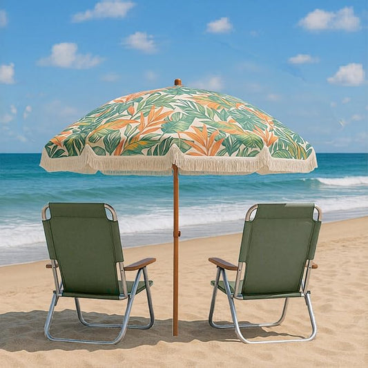 6 Ft Fringe Patio Umbrella - Outdoor Umbrella for Patio, Pool, Table, Garden, Deck, Beach, and Outdoors - Fashionable Boho Vintage Tassels & Wood Print - Push Button Tilt Pole