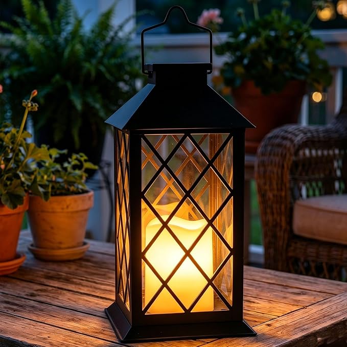 14" Large Tempered Glass Solar Lanterns Outdoor Waterproof, Hanging Solar Lights with Flickering Flameless Candles, Retro Solar Lantern for Wall Porch Patio Table Garden Decoration (Black)