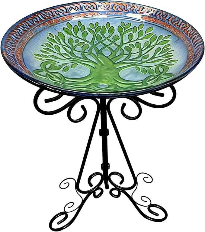 Large Bird Bath for Outside, Glass Bath Bowl with Metal Stand 28" H Standing Outdoor Birdbaths for Garden Yard Lawn Decor, Tree of Life-New