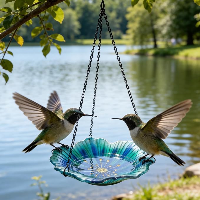 HONGLAND Bird Baths for Outdoors, Glass Birdbaths Outdoor Birdfeeder with Metal Stake (Light Blue with Hanging)