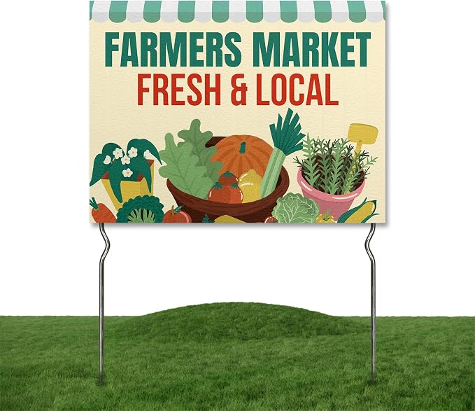 Farmers Market - Fresh & Local! Yard Sign by DC | 24"x18" Double Sided Conv. Store Garden Sign with 13” Metal Stakes | Outdoor Signs Waterproof for Lawn, Patio, Sidewalk & House | Set of 4