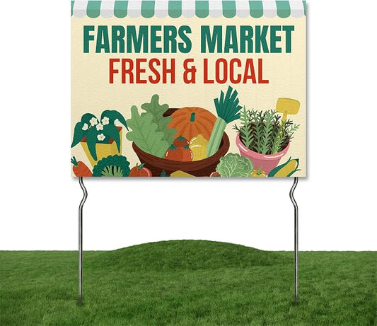 Farmers Market - Fresh & Local! Yard Sign by DC | 24"x18" Double Sided Conv. Store Garden Sign with 13” Metal Stakes | Outdoor Signs Waterproof for Lawn, Patio, Sidewalk & House | Set of 4