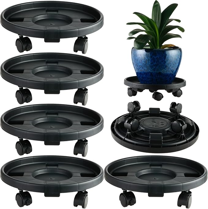 5 Pakcs Large Plant Caddy with Wheels 15.8" Rolling Plant Stands Heavy-duty Plastic Plant Roller Base Pot Movers Plant Saucer on Wheels Indoor Outdoor Plant Dolly with Caster Tray Coaster Black