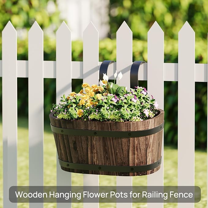 2PACK Wood Cute Railing Planter Box Wooden Hanging Flower Pots for Railing Fence Outdoor Plants Wall Planters Window Flower Box Hanging Bucket Pots Countryside plant Holder (Carbonized,2pcs,Small)