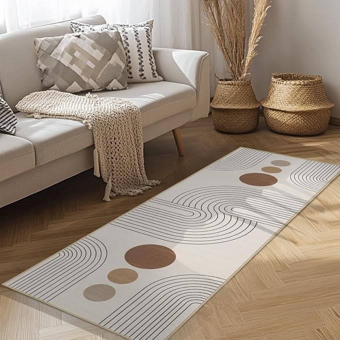 Boho Runner Rug 2x6 Modern Geometric Abstract Rug for Hallway Kitchen Bedroom Neutral Beige Mid Century Modern Runner Machine Washable Non-Slip Printed Low-Pile Long Floor Carpet for Bathroom Laundry