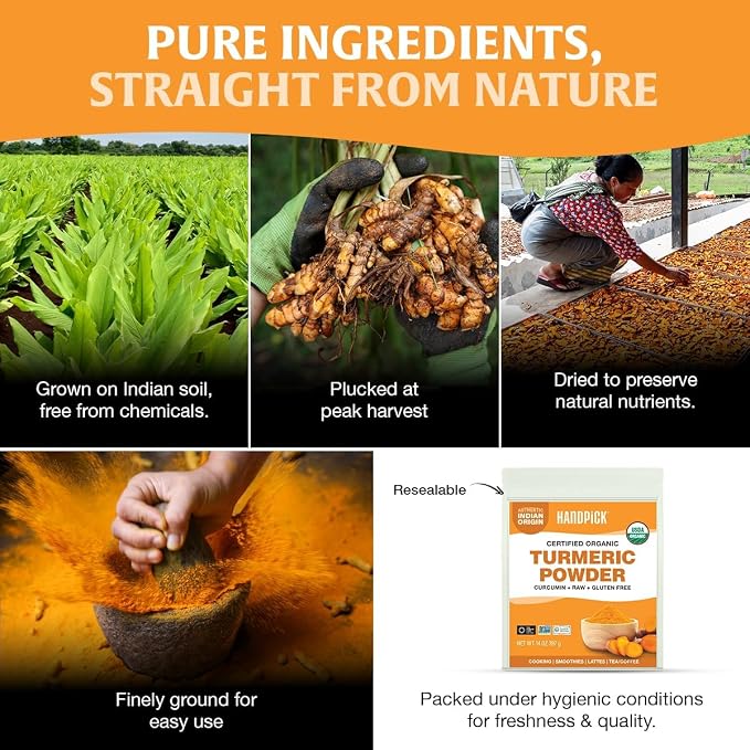 HANDPICK Organic Turmeric Powder with Curcumin (397g/14oz) | Authentic Indian Origin | Gluten Free | Made from Turmeric Root (Packaging may vary)