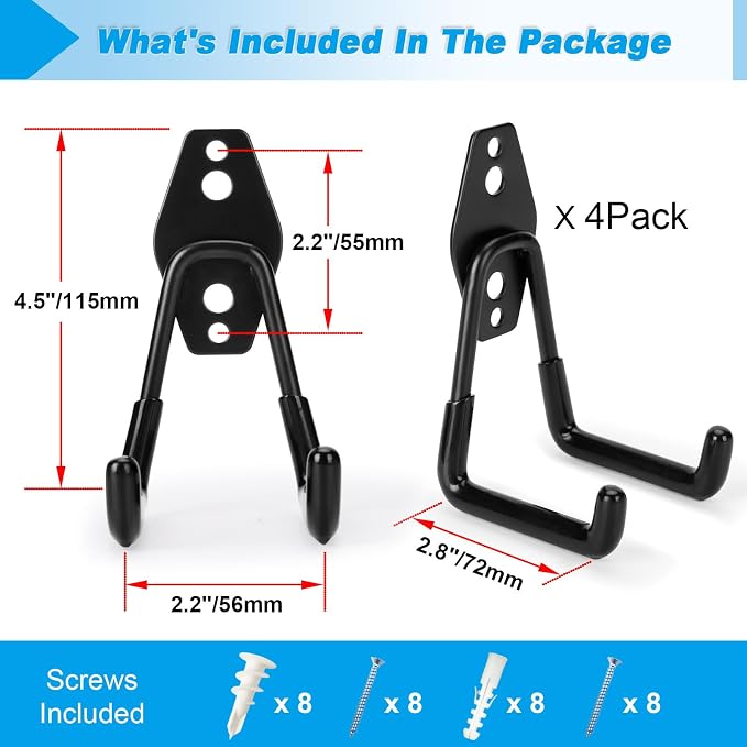 4 Pack Garage Hooks Heavy Duty - Supports 100 lbs | Utility Steel Garage Hanger & Organizer for Organizing Garden Lawn Tools, Ladders, Garden Hose, Digging Shovel, Bikes, Ropes