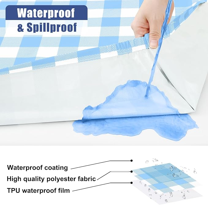 Smiry Picnic Table Cover with Bench Covers, Waterproof Elastic Fitted Tablecloths for 5 Foot Rectangle Tables, Washable Buffalo Plaid Tablecloth for Camping, Outdoor (Light Blue & White, 30"x60")