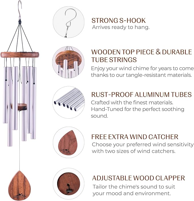 Silver Wind Chimes for Outside Deep Tone, 28 Inch Havasu Hand Tuned E Major Wind Chime, Adjustable Clapper, Aluminum Beech Wood Garden Patio Porch Decor, Memorial Housewarming Gift