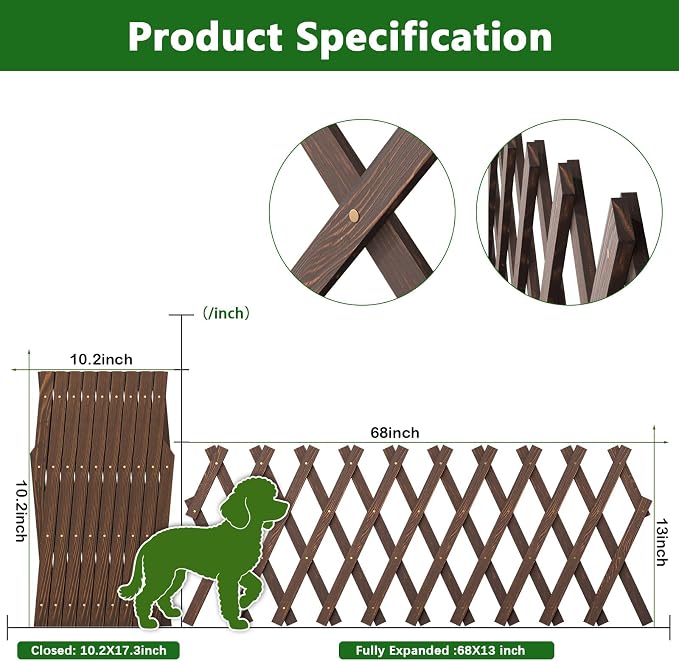 Expandable Wooden Lattice Panels Outdoor Garden Fence Trellis for Climbing Plants Roses Vines Cucumbers Weather Resistant Decorative Wood Privacy Fence (4, 13''x 68'')
